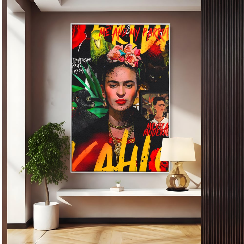 Tablou canvas cu tablou canvas portret frida kahlo, in rama de aluminiu argintiu
